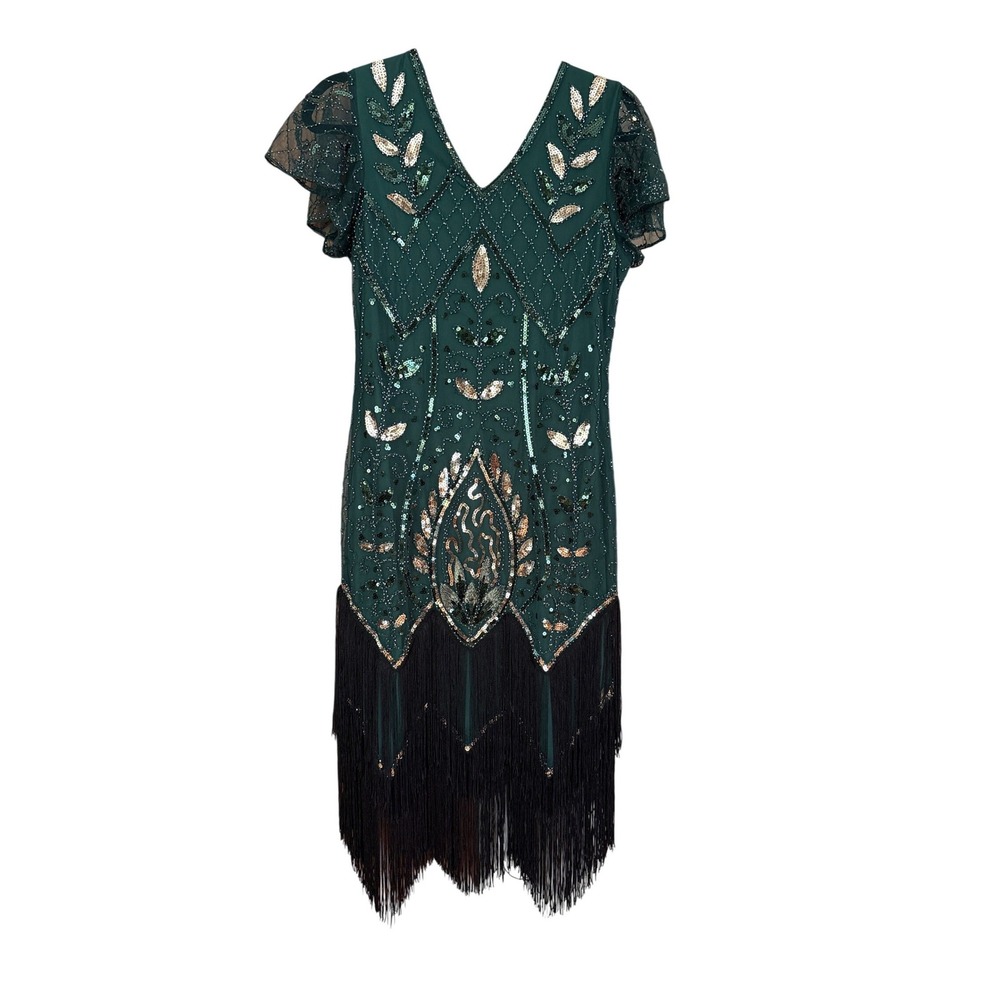 FUNDAISY Flapper Dress Women Green Excellent Sequin Beaded Fringe SIZE M